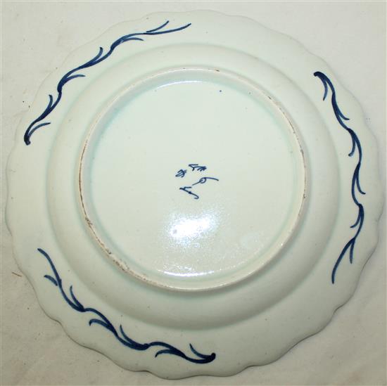 A Bow powder blue dish and a similar wavy edge plate, c.1760-65, 26cm and 22cm